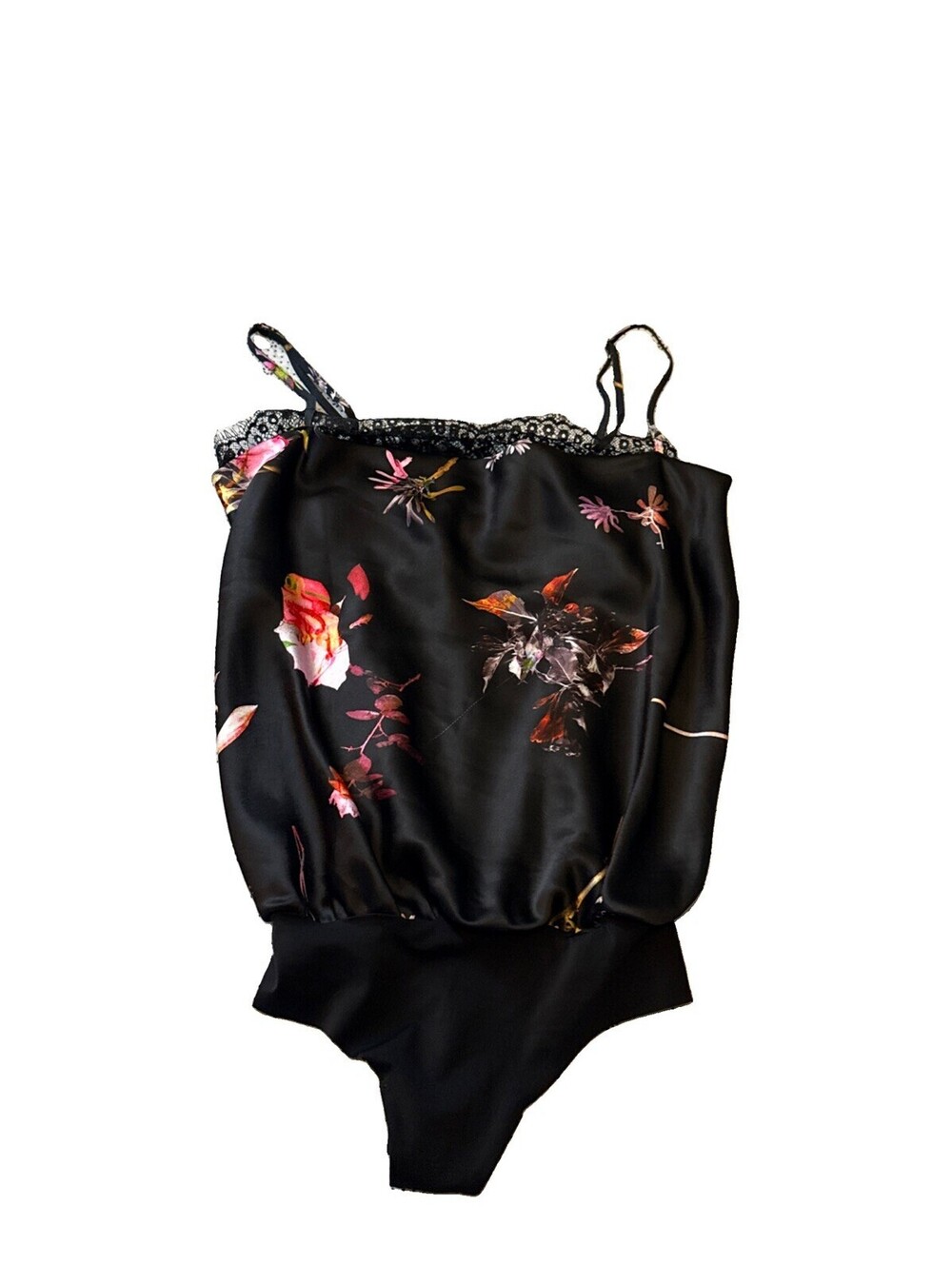Victoria's Secret Black Floral Satin Cowl Neck Bodysuit Tank Top Cami Sz. XS EUC